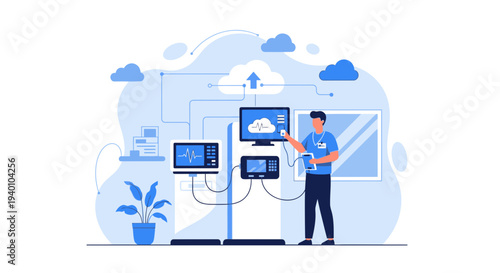 Man with medical equipment and cloud technology in a modern hospital room