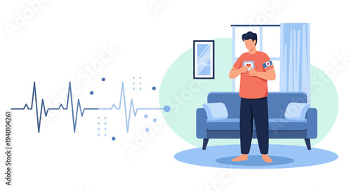 Man with Smartwatch Monitoring Heart Rate and ECG at Home