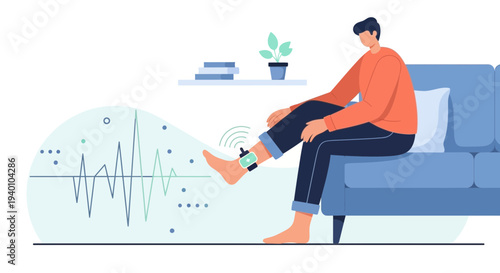 Man with wearable device on ankle monitoring health data and vital signs