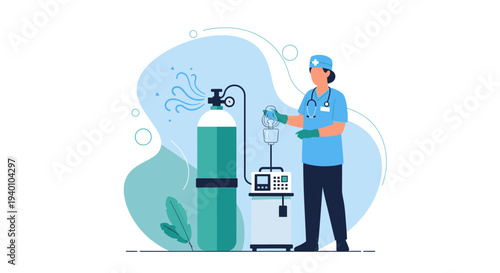Medical Professional Operating Oxygen Therapy Equipment with Large Gas Cylinder