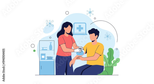 Nurse applying bandage to patient's arm, medical care, health concept, hospital interior