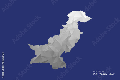 Pakistan Map - Polygon White and Black map Style Vector Illustration, Low Poly Geometric Design, Isolated on blue Background.