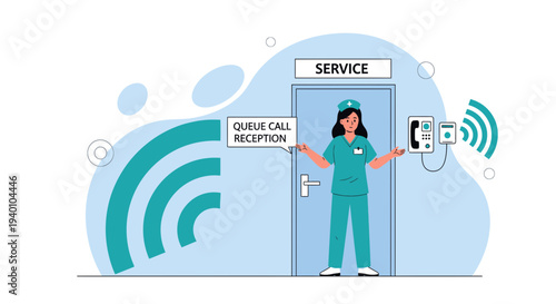 Nurse at Service Door with Call Button and Wi-Fi Signal, Healthcare Communication Concept