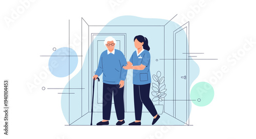 Nurse assisting elderly man with cane walking in hallway, home care concept