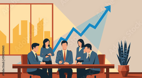 A diverse team of business professionals collaborates in a modern office, celebrating significant financial growth and successful strategic planning.