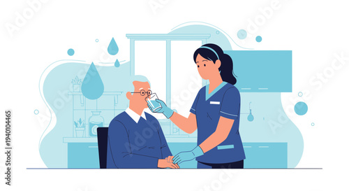 Nurse caring for elderly man, wiping his face with a wet cloth, home healthcare concept