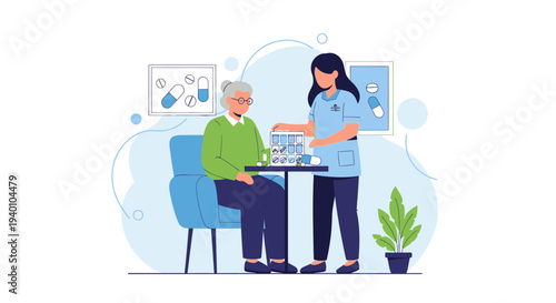 Nurse assisting elderly woman with medication, home care, health support, and medical treatment