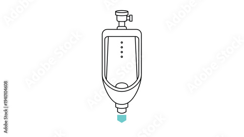 Simple black and white line drawing of a standard ceramic bathroom urinal seen from the front with a small blue indicator at bottom.