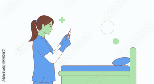 Nurse Preparing Injection Next to Hospital Bed, Medical Care Concept
