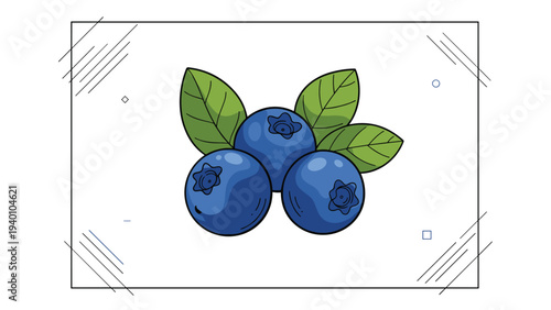 Detailed illustration of three ripe blue blueberries with green leaves and geometric accents on a white background within a frame.