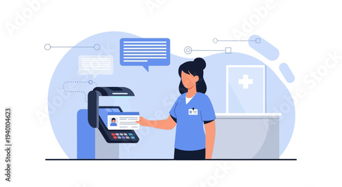 Nurse Scanning Patient ID Card at Medical Reception Desk