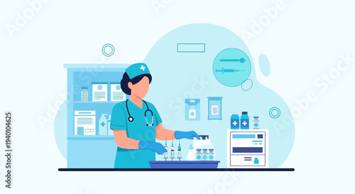 Nurse Preparing Medical Supplies and Medications in a Pharmacy or Clinic