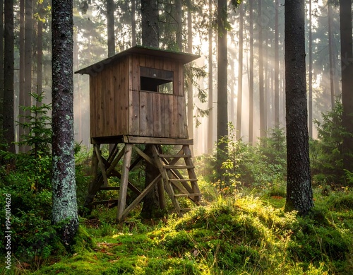 Wooden hunting blind elevated in sunlit forest with tall trees and dappled light filtering through the misty woods