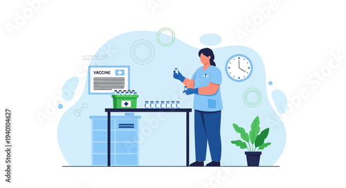 Nurse Preparing Vaccine Vials for Injection in Laboratory Setting