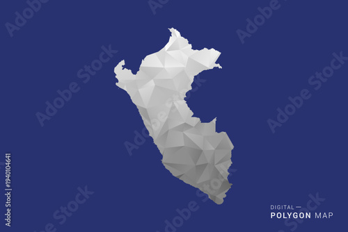 Peru Map - Polygon White and Black map Style Vector Illustration, Low Poly Geometric Design, Isolated on blue Background.