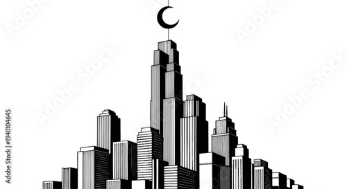 Black and white illustration of a modern city skyline with a crescent moon atop a skyscraper, symbolizing faith and urban spirituality.