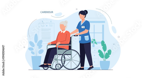 Nurse pushing elderly woman in wheelchair in care home, medical assistance, senior care concept