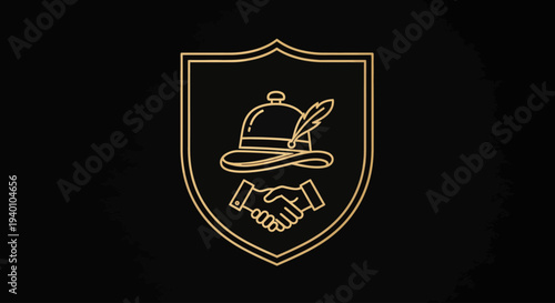 Elegant golden outline crest with traditional feather hat and handshake symbol on a black background, representing partnership and trust