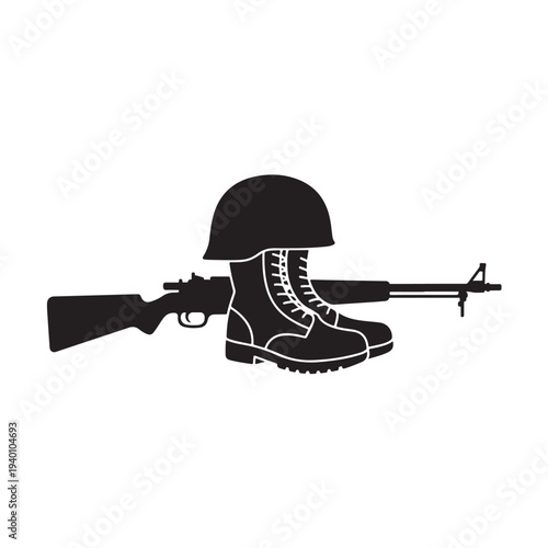 Black silhouette of soldier helmet boots and rifle