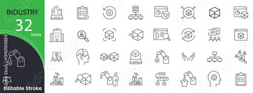 Industry related icons set. Including factory, production, gear, engineering, manufacturing, machinery, tools, and process. Editable stroke. 