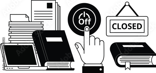 Hand turning off laptop amidst books and papers with closed sign