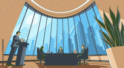 A dynamic business presentation unfolds in a contemporary corporate office, where a speaker addresses colleagues against a backdrop of a bustling city skyline.