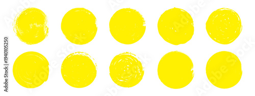 Collection of rough yellow brush sun circles. Grunge round stamp shapes. Hand drawn abstract vector elements.