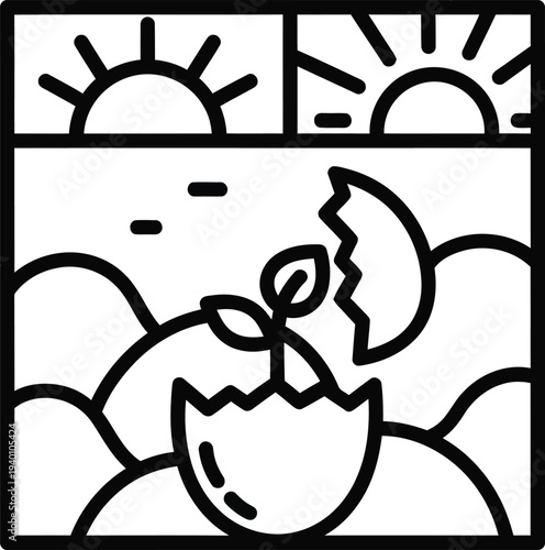 A sprouting seedling emerges from an eggshell under sunny skies with clouds.