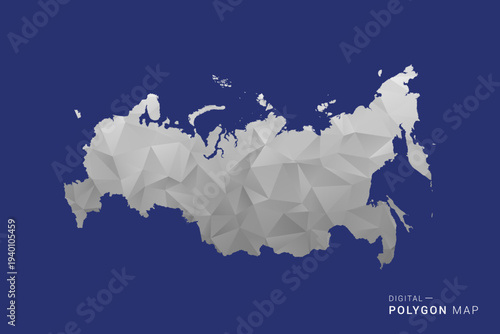 Russia Map - Polygon White and Black map Style Vector Illustration, Low Poly Geometric Design, Isolated on blue Background.