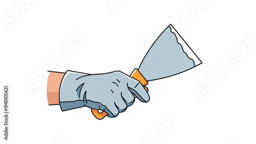 Person wearing a grey protective glove holding an orange handled putty knife or scraper tool for home renovation and construction projects.