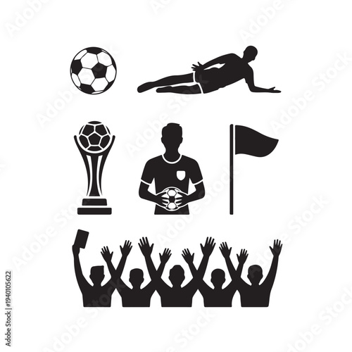 Black silhouette set of 6 football-related soccer