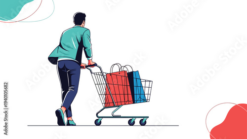 Back view of a man pushing a metal shopping cart filled with colorful bags representing retail therapy and consumerism in a modern style.