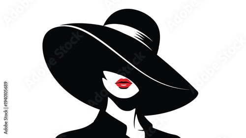 Stylish silhouette of a woman wearing a large black wide brimmed hat with red lipstick making a bold and elegant fashion statement.