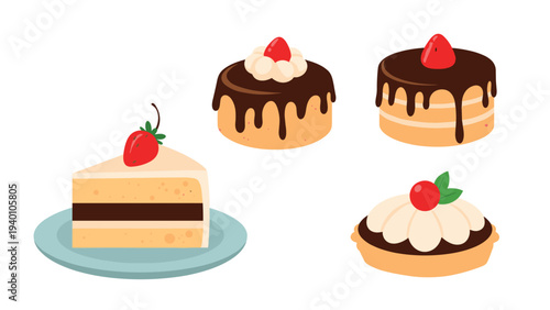Various slices and mini cakes including a sponge cake with strawberries and a tart with a cherry for diverse dessert options.