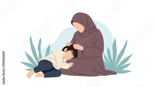 Illustration of a woman in a hijab sitting with a small child resting their head on her lap in a peaceful and loving outdoor setting.