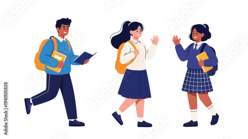 Group of three diverse students with backpacks and books walking and greeting each other for a back to school education concept.