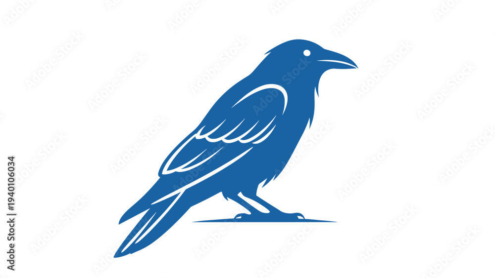 Obraz premium Strong silhouette of a raven or crow in shades of blue perched on a surface against a plain white background for bird and mystery themes.