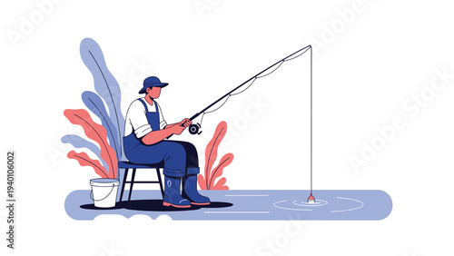 Illustration of a fisherman sitting on a stool and holding a fishing rod over a calm lake with colorful plants in the background.