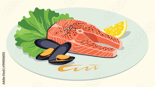 Gourmet platter featuring a grilled salmon steak, mussels, fresh lettuce, and a lemon wedge on a light blue plate for food themes.