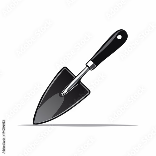 Handheld garden trowel with a sleek black handle and metallic scoop, perfect for planting and gardening tasks