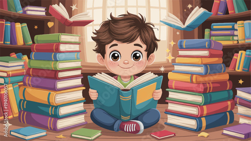 A young boy sits cross legged on floor surrounded by stacks colorful books reading intently library setting with window