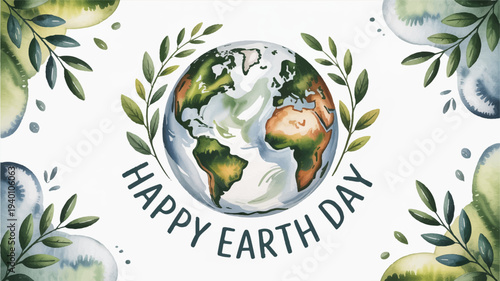 Happy earth day illustration with globe and leaves on white background for eco friendly campaigns and environmental awareness