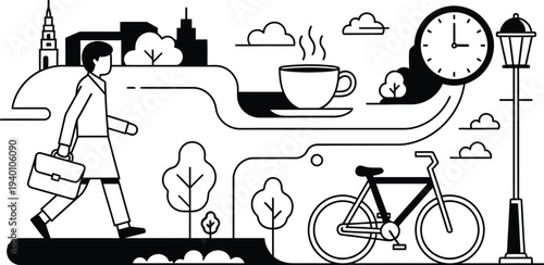 Businessman walks to work with briefcase near bicycle and coffee cup on urban street