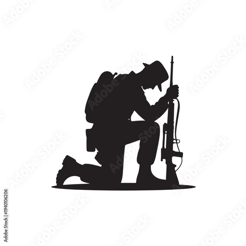 Black silhouette soldier kneeling with rifle