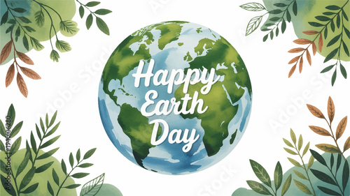 Happy earth day globe with green leaves on white background eco friendly celebration