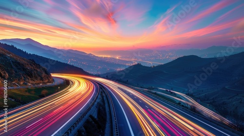 A long exposure photo of the road on the highway at a sunset