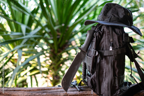 machete knife and a hiking backpack rest on a log.