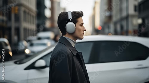 Young man wearing headphones in a bustling city street during twilight, with blurred traffic