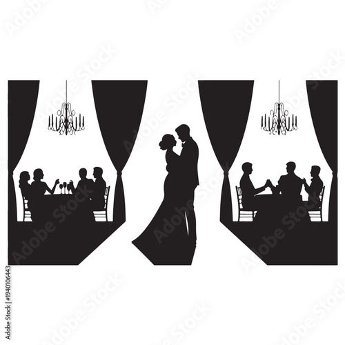 Silhouette of bride and groom with wedding guests at reception
