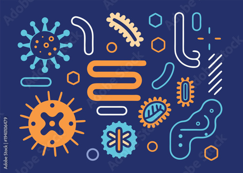 Thirteen vector icons showcasing various types of bacteria and human intestinal anatomy are depicted in a flat style with orange outlines.